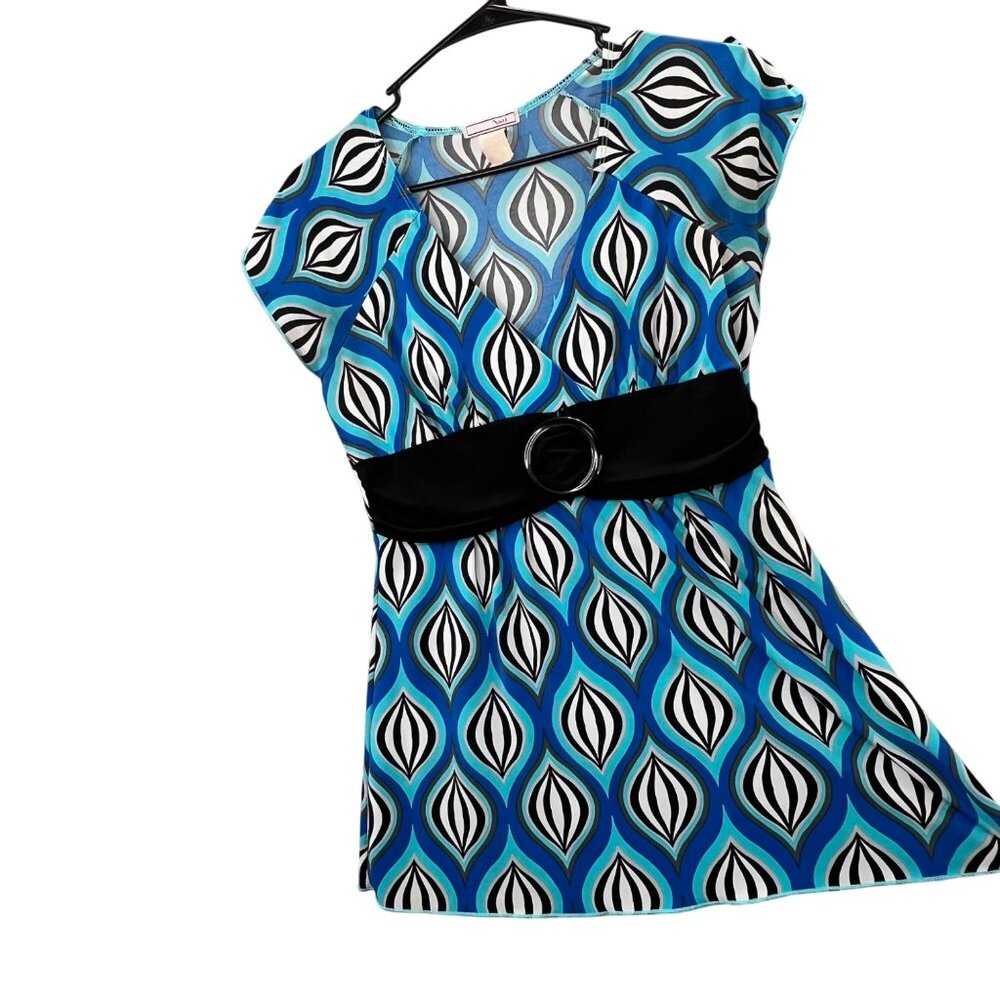 Vintage Y2K Babydoll Empire Waist Top M Blue Black Abstract Slinky Pullover